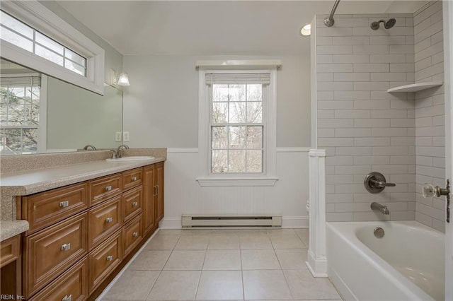 bathroom with vanity, washtub / shower combination, a wainscoted wall, tile patterned flooring, and baseboard heating