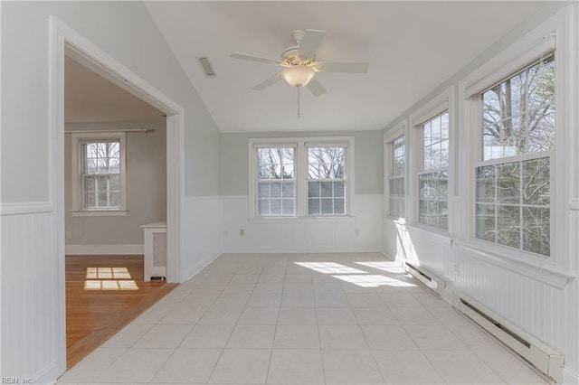 sunroom featuring a baseboard radiator, visible vents, and a healthy amount of sunlight