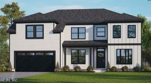 view of front facade featuring driveway, an attached garage, board and batten siding, and a front yard