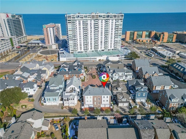 aerial view featuring a water view and a city view