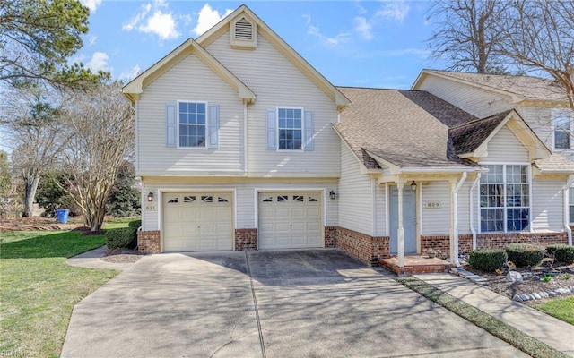 view of front facade featuring a garage, driveway, brick siding, and a shingled roof