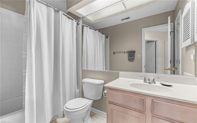 full bath featuring toilet, shower / tub combo, vanity, and visible vents