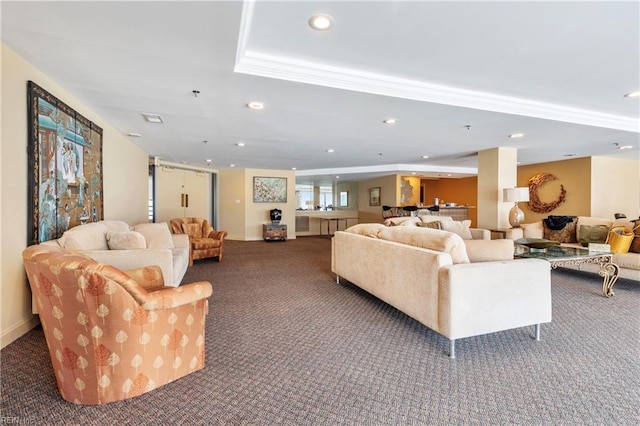 living room with carpet floors and recessed lighting