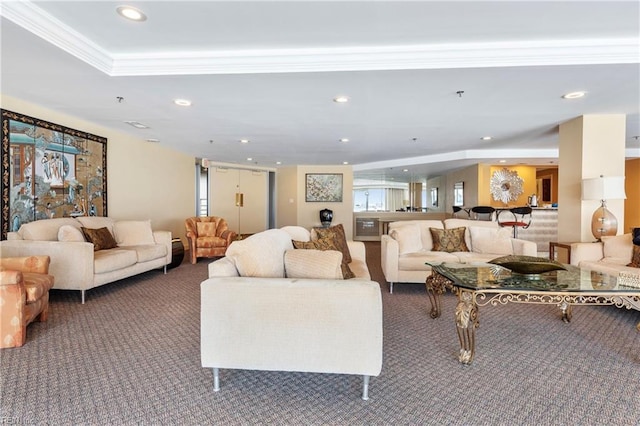 living room with recessed lighting, carpet flooring, and crown molding