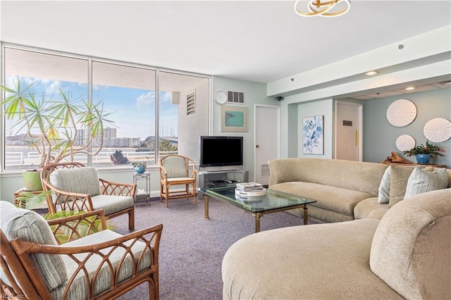 carpeted living room featuring visible vents