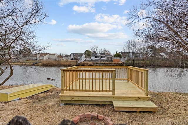 dock area with a residential view and a deck with water view