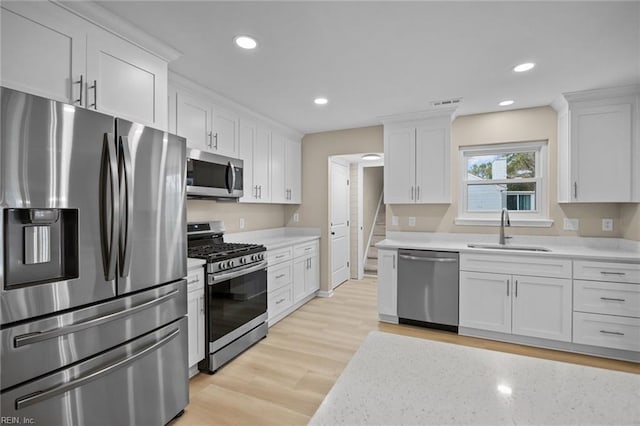 kitchen with white cabinets, appliances with stainless steel finishes, light countertops, and a sink