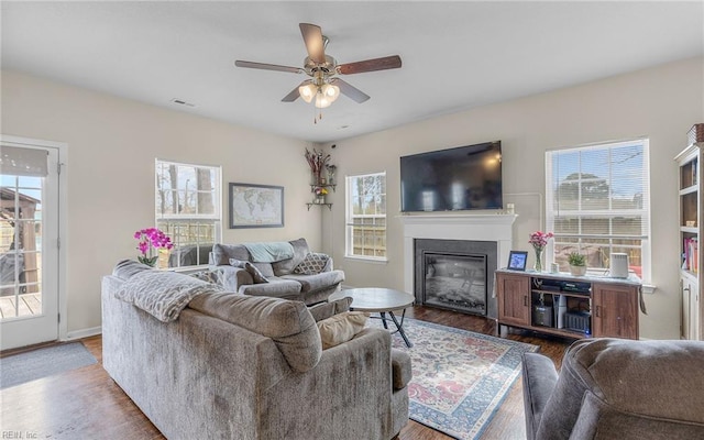 living area featuring ceiling fan, wood finished floors, and a glass covered fireplace