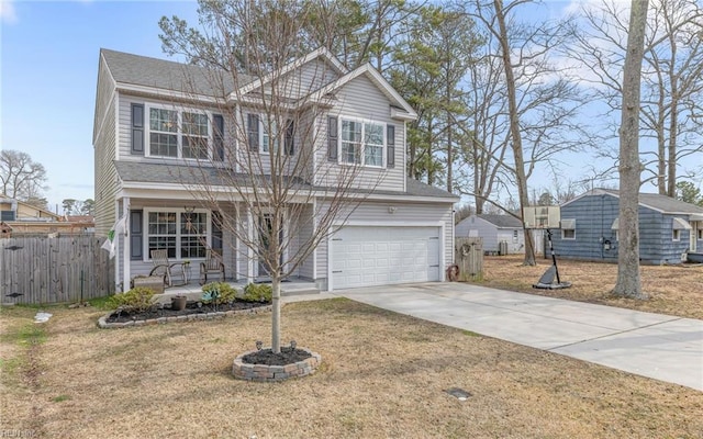 view of front of home with a porch, a front yard, fence, a garage, and driveway