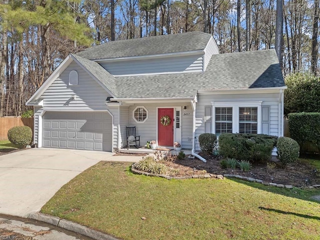 view of front of house featuring a garage, fence, concrete driveway, roof with shingles, and a front yard