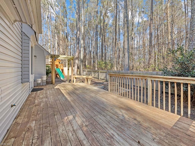 wooden deck with a fenced backyard