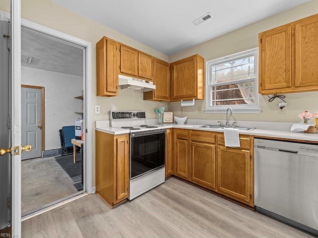 kitchen featuring white electric range oven, light countertops, stainless steel dishwasher, a sink, and under cabinet range hood