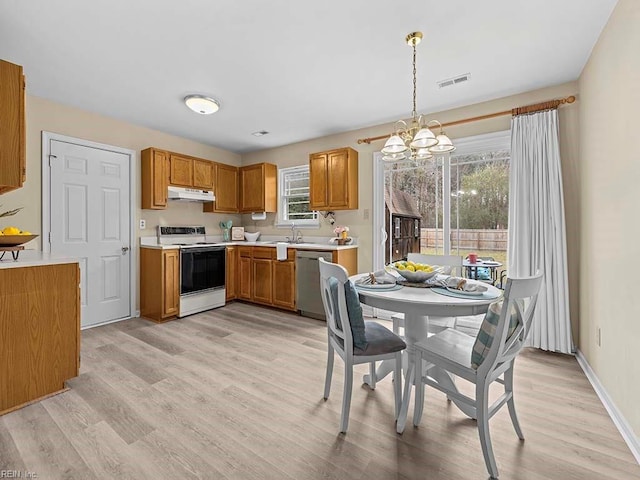 kitchen featuring stainless steel dishwasher, under cabinet range hood, light countertops, and white range with electric cooktop