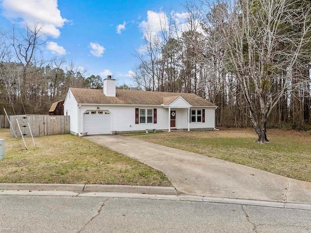 single story home featuring a garage, fence, driveway, a chimney, and a front yard