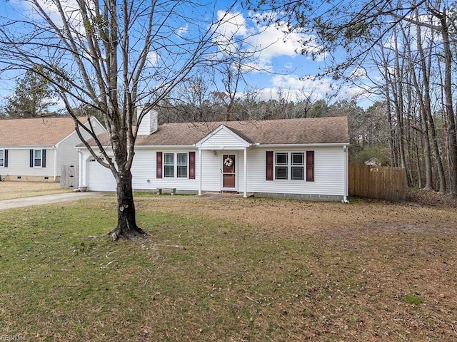 ranch-style house with a chimney, a front yard, fence, a garage, and driveway