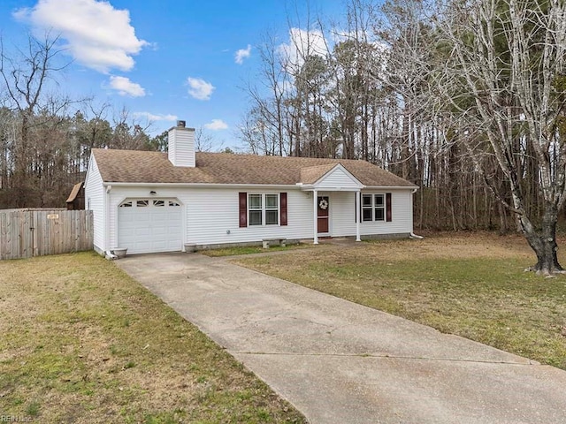 ranch-style home with an attached garage, fence, driveway, a chimney, and a front yard