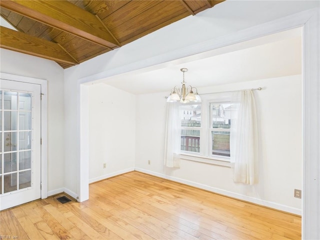 empty room featuring baseboards, lofted ceiling with beams, hardwood / wood-style flooring, wood ceiling, and a chandelier