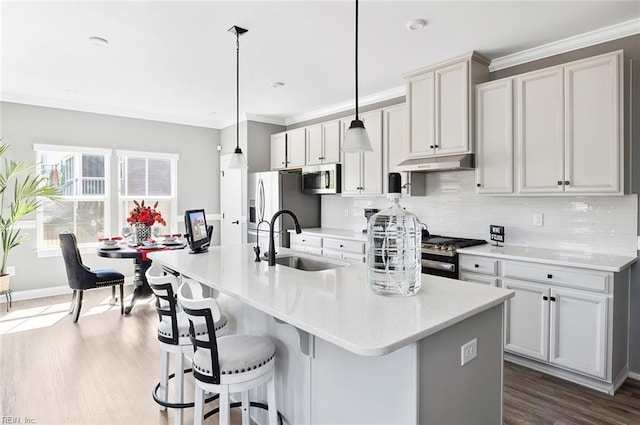 kitchen featuring an island with sink, under cabinet range hood, a sink, appliances with stainless steel finishes, and decorative backsplash