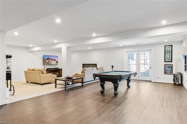 game room featuring wood finished floors, billiards, recessed lighting, and french doors