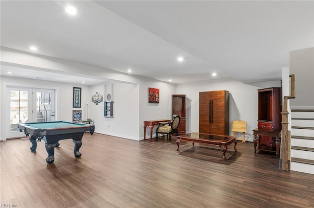 rec room with pool table, recessed lighting, wood finished floors, and baseboards