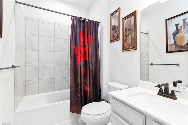 bathroom featuring vanity, toilet, and shower / tub combo with curtain