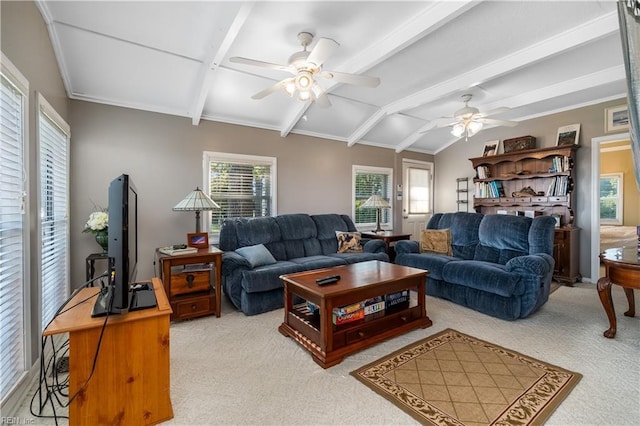 living room featuring vaulted ceiling with beams, ceiling fan, and carpet flooring