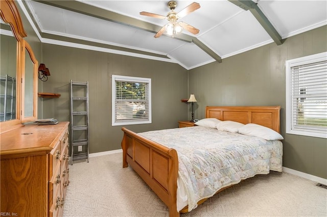 bedroom featuring light colored carpet, vaulted ceiling with beams, and baseboards