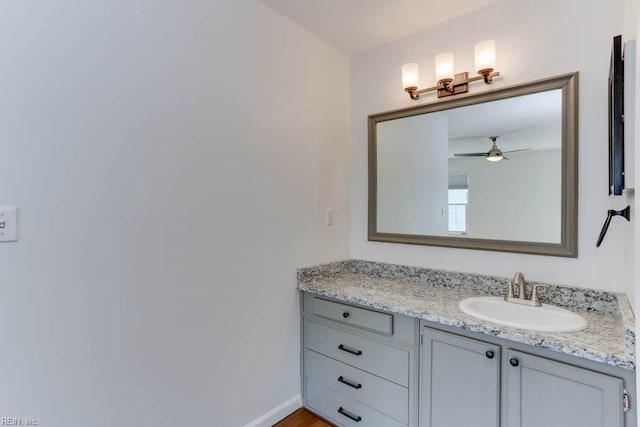 bathroom with a ceiling fan, vanity, and baseboards