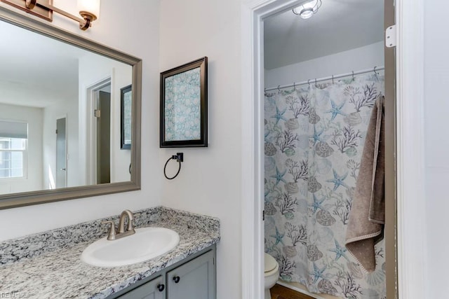 full bath featuring toilet, curtained shower, and vanity