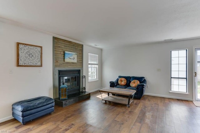 living room featuring a fireplace, baseboards, and wood finished floors