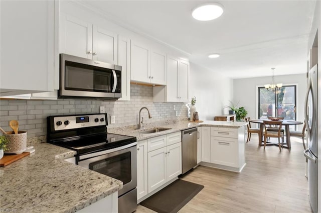 kitchen with white cabinets, light wood-style flooring, appliances with stainless steel finishes, a peninsula, and a sink