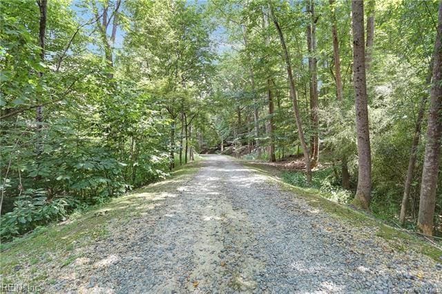 view of road with a forest view