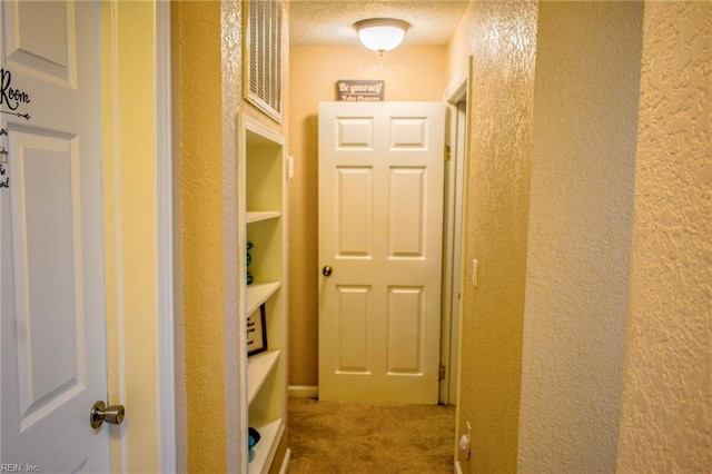 hall featuring carpet and a textured wall