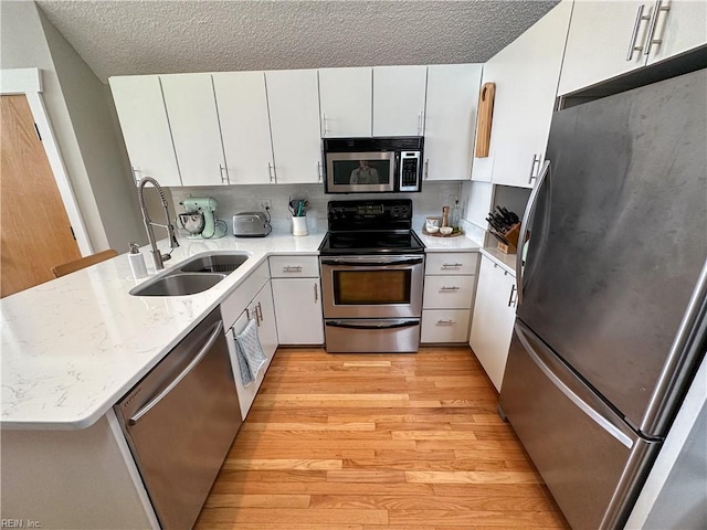 kitchen featuring appliances with stainless steel finishes, a peninsula, light wood-style floors, white cabinetry, and a sink