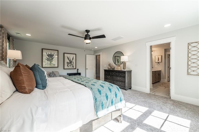bedroom with baseboards, carpet floors, visible vents, and recessed lighting