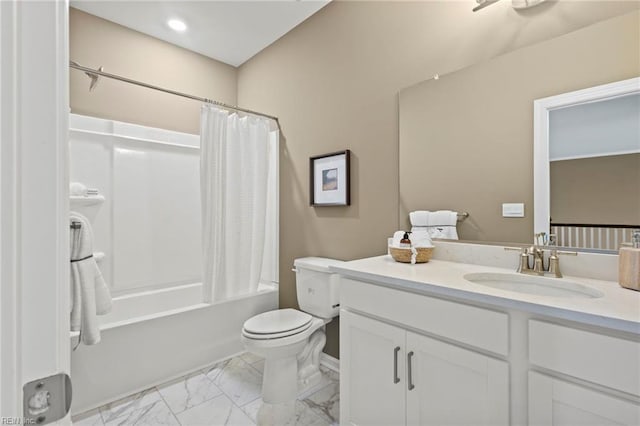 full bathroom with marble finish floor, recessed lighting, toilet, shower / tub combo, and vanity