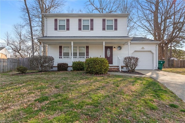 traditional-style house with driveway, an attached garage, fence, a front lawn, and a porch