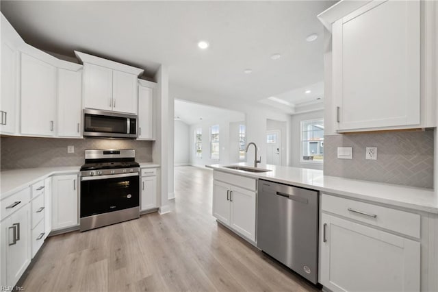 kitchen with light wood-style flooring, a peninsula, a sink, white cabinetry, and appliances with stainless steel finishes