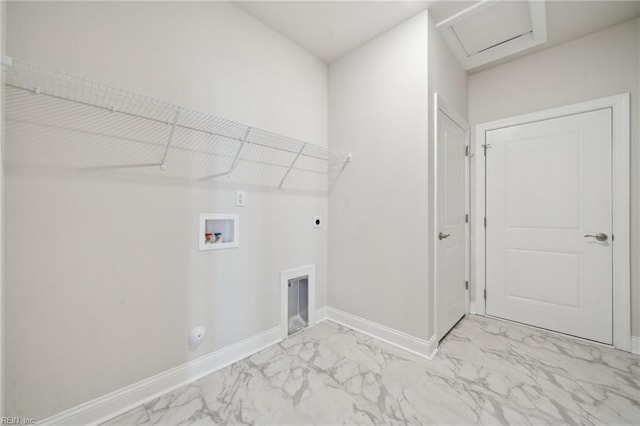 washroom with hookup for a washing machine, laundry area, marble finish floor, and electric dryer hookup