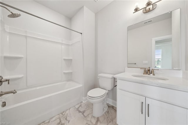 bathroom with baseboards, visible vents, toilet, marble finish floor, and vanity