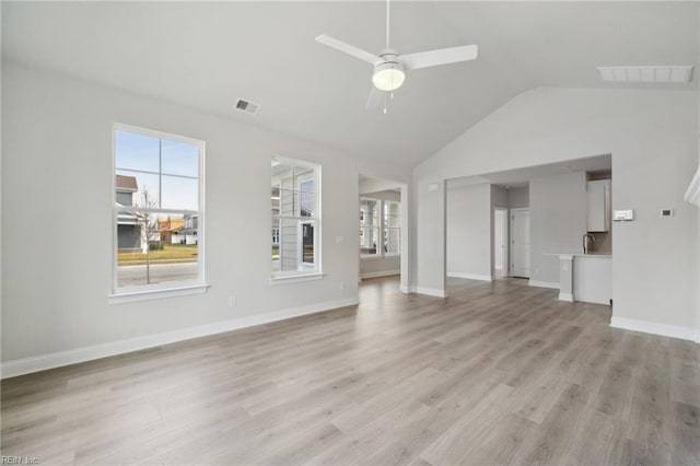 unfurnished living room with ceiling fan, lofted ceiling, visible vents, baseboards, and light wood-type flooring