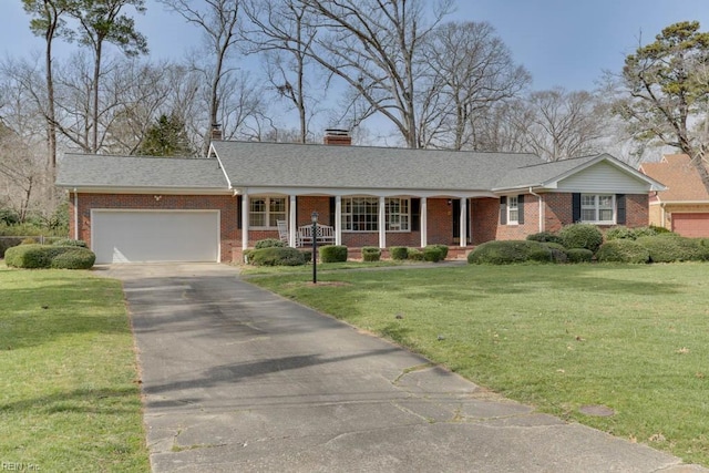 single story home featuring an attached garage, aphalt driveway, a porch, and a front yard