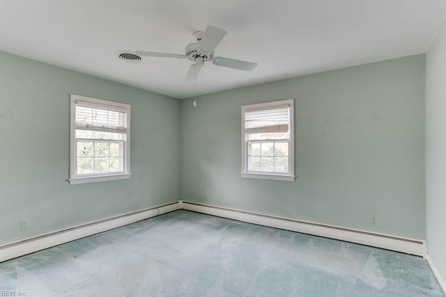 carpeted spare room with a healthy amount of sunlight, visible vents, and a ceiling fan