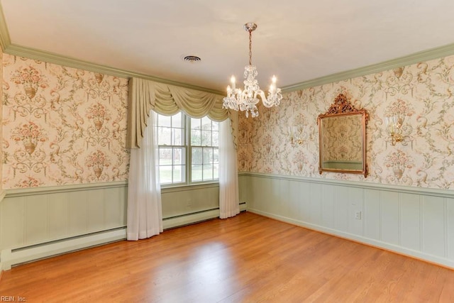 spare room with wallpapered walls, a baseboard radiator, and a wainscoted wall