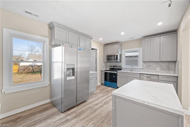 kitchen with stainless steel appliances, gray cabinets, visible vents, backsplash, and a sink