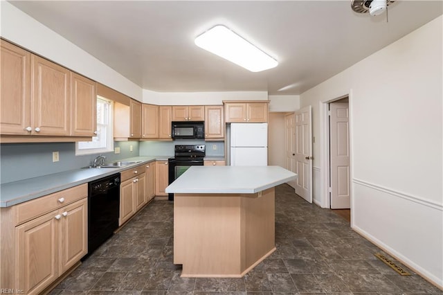 kitchen with a sink, a kitchen island, black appliances, and light brown cabinetry