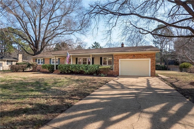 ranch-style home with driveway, a front yard, a garage, brick siding, and a chimney