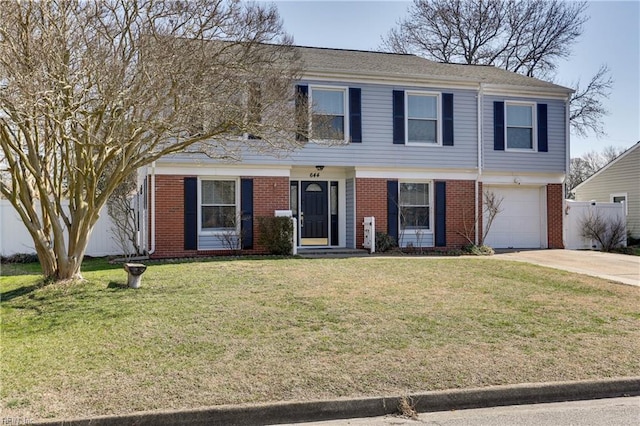 view of front of house with a garage, concrete driveway, brick siding, and a front lawn