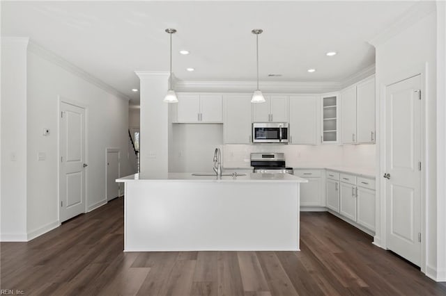 kitchen with appliances with stainless steel finishes, dark wood finished floors, white cabinetry, and a sink