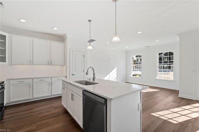 kitchen with crown molding, dark wood-style flooring, dishwasher, and a sink